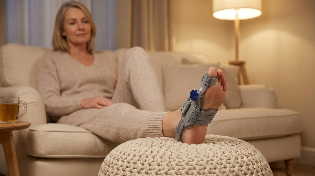 A woman relaxing at home with the Archwell splint on her foot