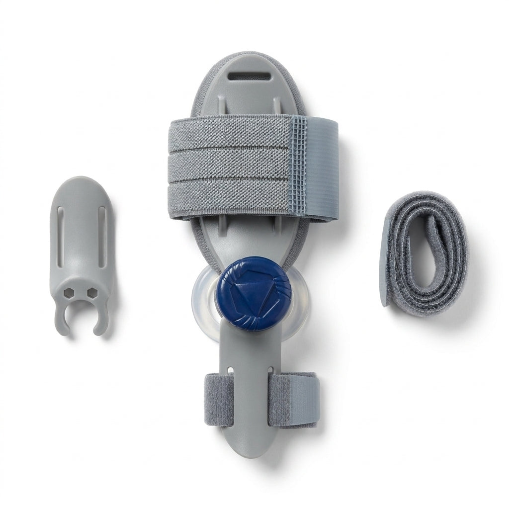 In the box: the splint, a clip-in big-toe plate and a strap
